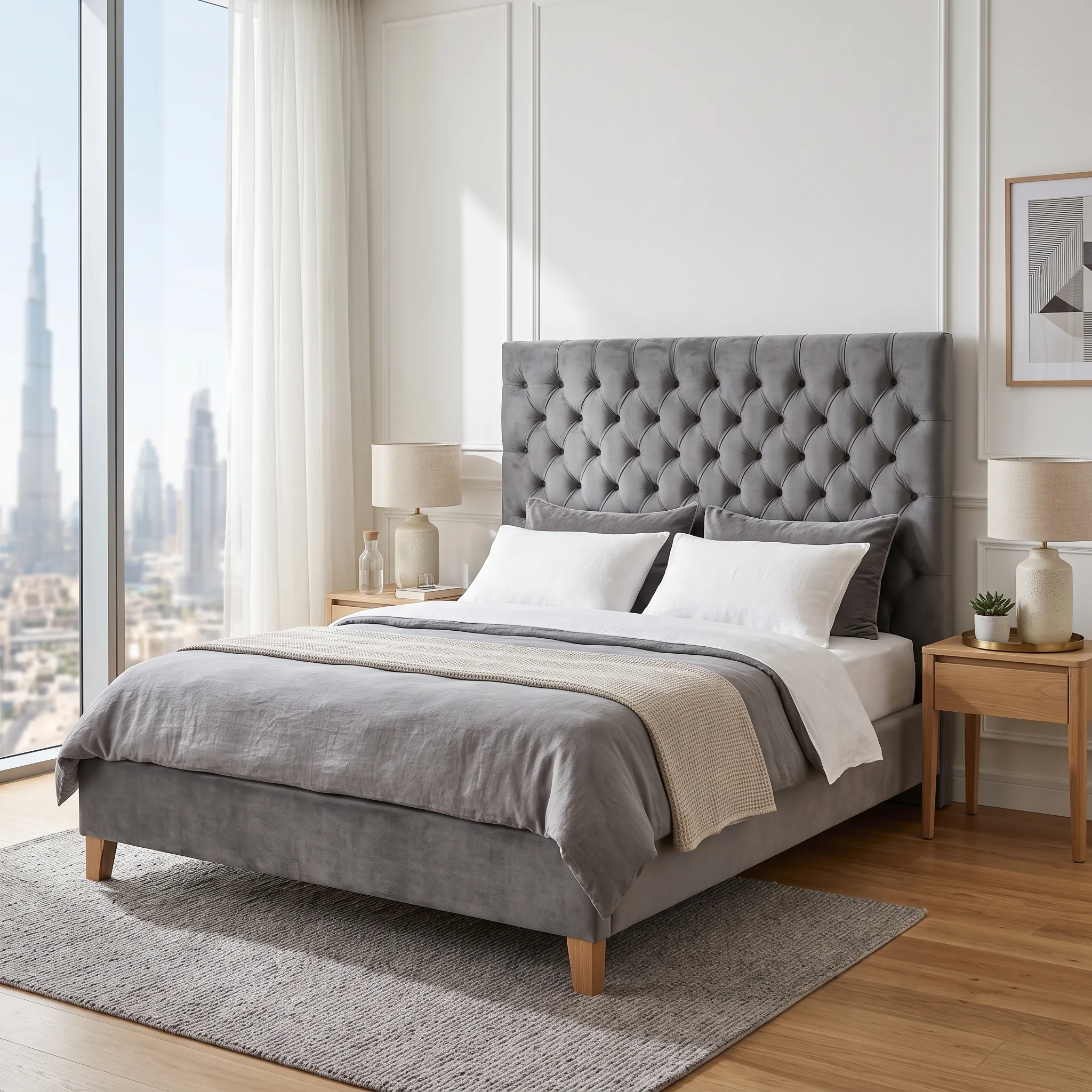New arrivals grey velvet platform bed with tufted headboard – custom furniture Dubai UAE by Kustom Deco