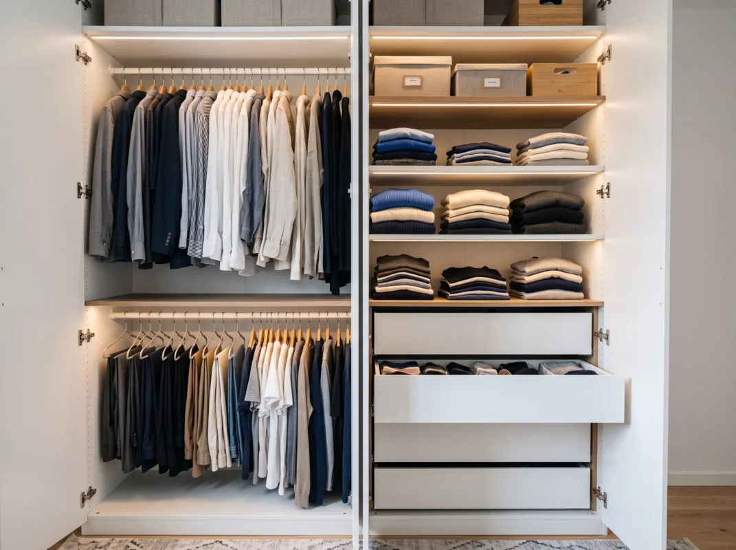 Floor-to-ceiling built-in wardrobe with soft-close drawers and LED lighting in modern UAE bedroom