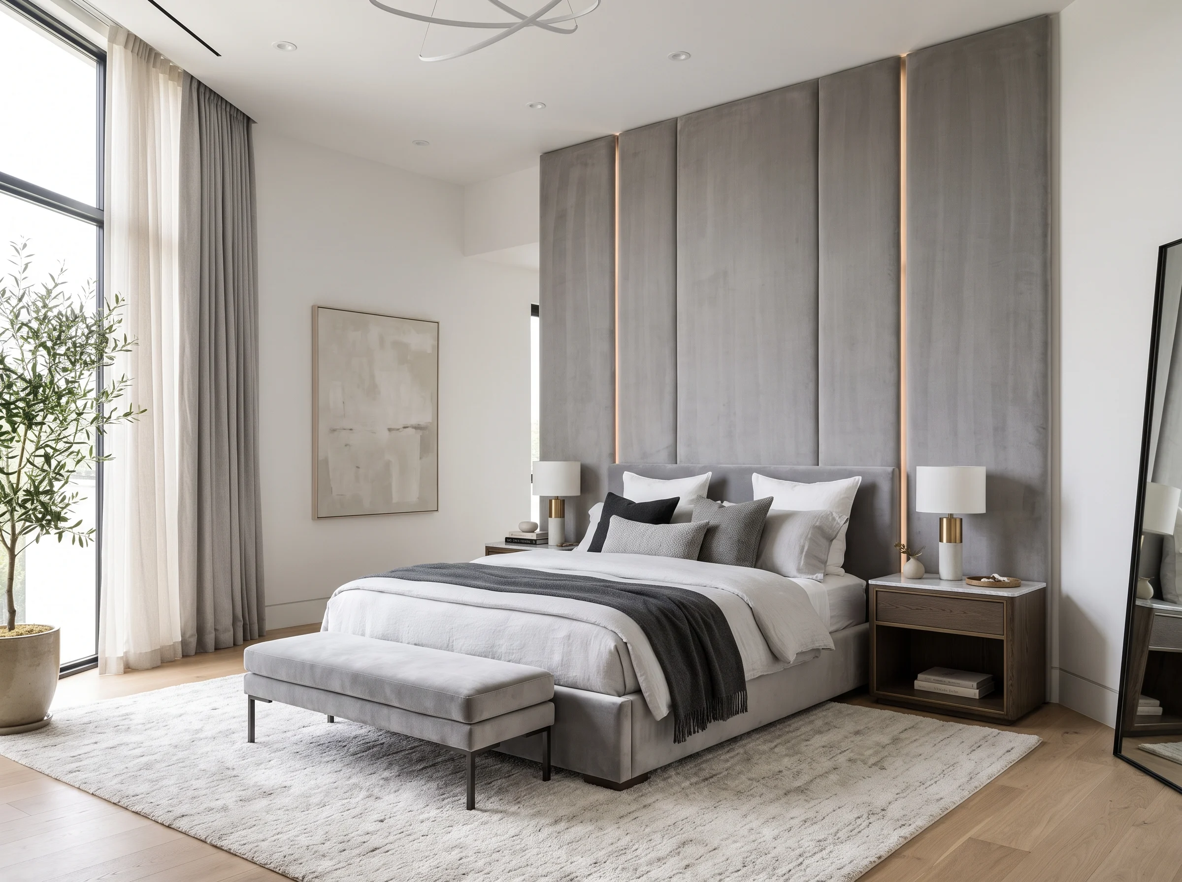 custom bed Dubai with wall panel headboard in grey velvet