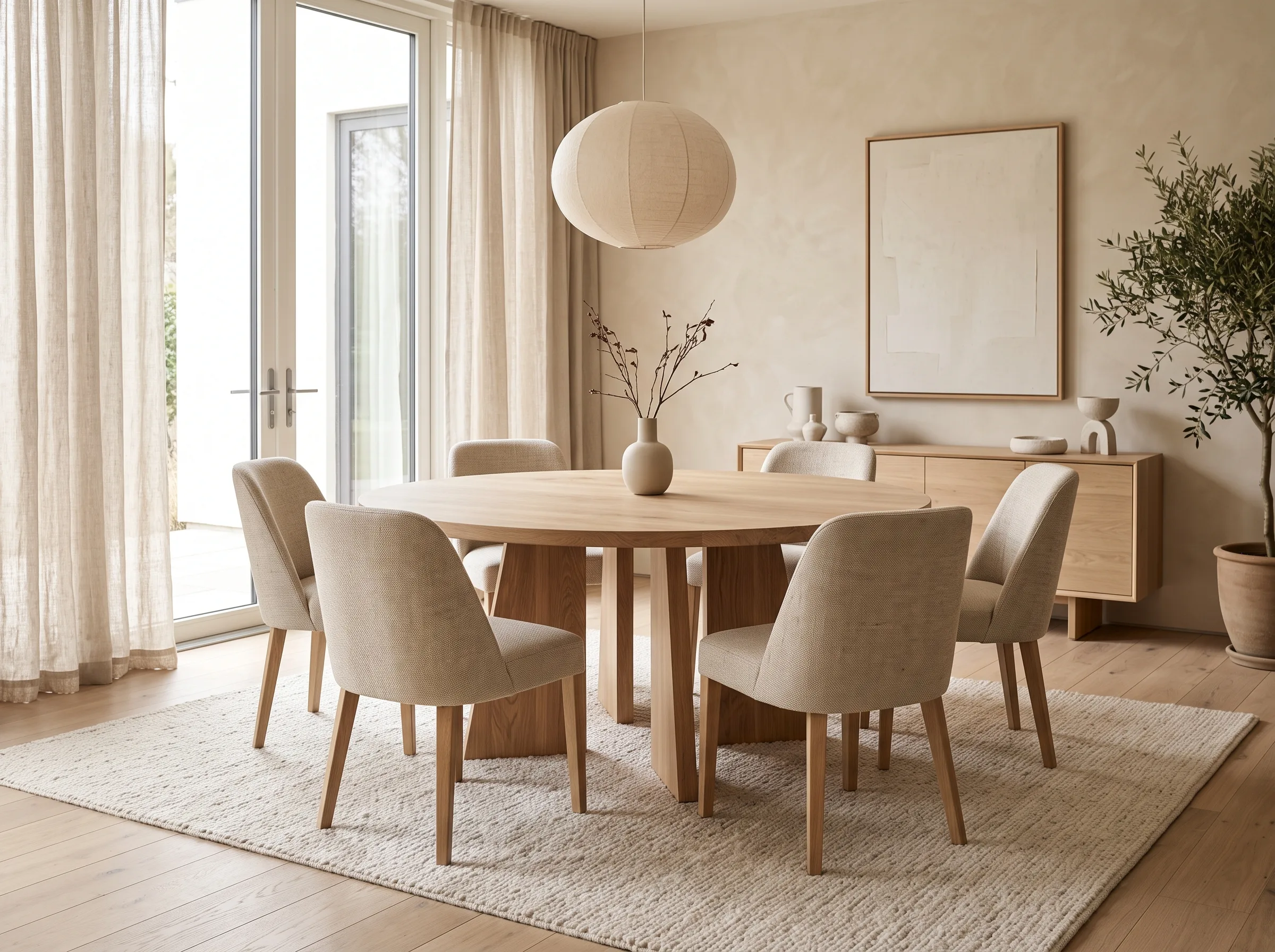 Elegant round solid wood custom dining table with matching chairs in a bright modern UAE dining space