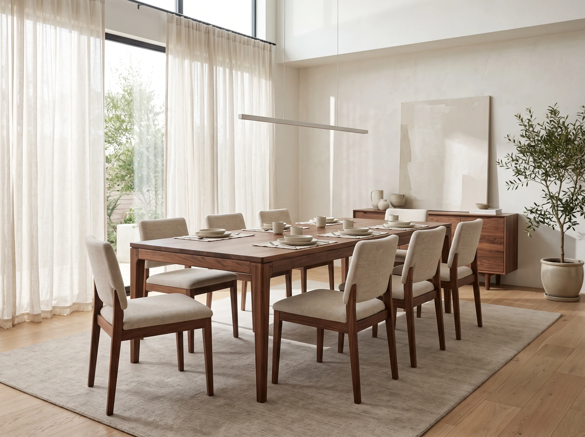 Large made-to-measure rectangular wooden dining table and chairs for family dining in Dubai home
