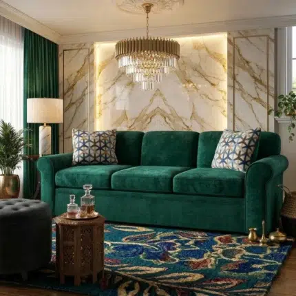 Luxury emerald green velvet rolled arm sofa with patterned cushions in elegant modern living room with marble wall and chandelier UAE