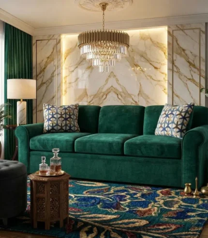 Luxury emerald green velvet rolled arm sofa with patterned cushions in elegant modern living room with marble wall and chandelier UAE