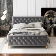 Alaysia Stitched Button Tufted Velvet Fabric Bed