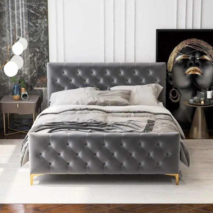 Alaysia Stitched Button Tufted Velvet Fabric Bed