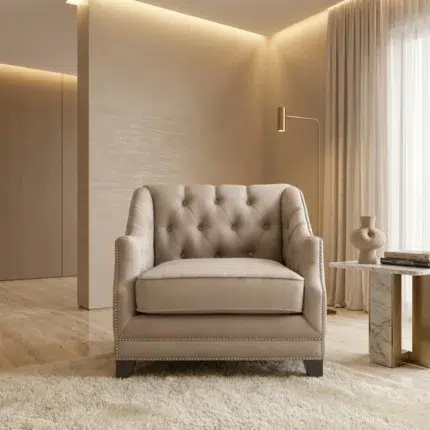Modern beige arm chair with tufted back and nailhead trim – 1 seater living room accent chair for contemporary home décor UAE