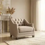 Contemporary tufted accent chair – beige lounge chair with wood legs ideal for living room interior design, 1 seater sofa alternative