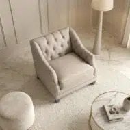 Elegant beige upholstered armchair – modern living room furniture, 1 seater accent seat with cushioned comfort and decorative trim