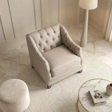 Elegant beige upholstered armchair – modern living room furniture, 1 seater accent seat with cushioned comfort and decorative trim