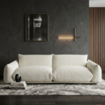 Modern cream white boucle sofa with deep seating and puffy armrests in minimalist luxury living room UAE