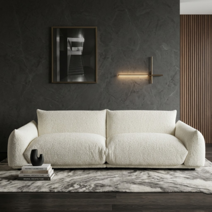 Modern cream white boucle sofa with deep seating and puffy armrests in minimalist luxury living room UAE