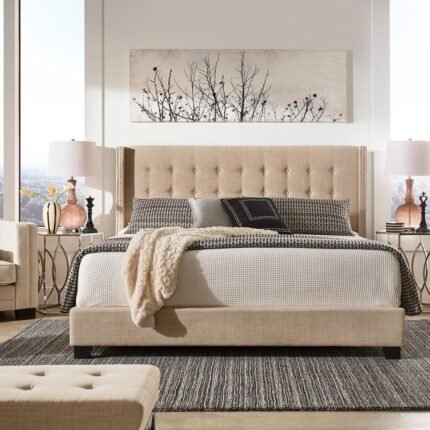 Nidona Tufted Linen Wingback Bed
