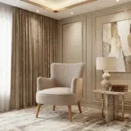 Elegant living room accent chair in cream fabric – modern arm chair with wooden legs and cushioned comfort