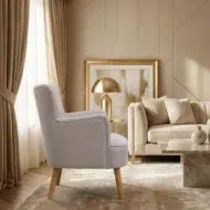 Beige upholstered 1 seater sofa chair – modern arm chair for living room, lounge and apartment interiors