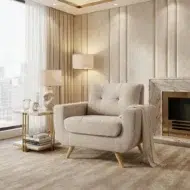 Modern accent chair for living room – beige fabric armchair with tufted backrest and wooden legs by Kustomdeco in Sharjah UAE