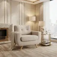Beige upholstered 1 seater sofa chair – modern arm chair for living room, lounge and apartment interiors in Dubai UAE