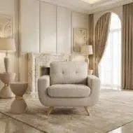 Modern living room accent chair in beige upholstery – comfortable arm chair with deep cushioned seat BY KUSTOMDECO IN UAE