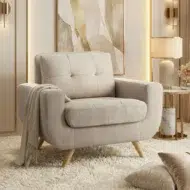 Beige fabric arm chair with tufted cushioning – modern 1 seater sofa style accent chair for living room furniture