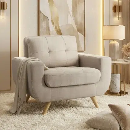 Beige fabric arm chair with tufted cushioning – modern 1 seater sofa style accent chair for living room furniture
