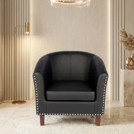 Modern black accent chair with leather upholstery for living room seating