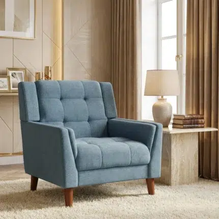 Blue fabric arm chair with tufted cushioning – modern 1 seater sofa style accent chair for living room furniture in Dubai Uae by Kustomdeco
