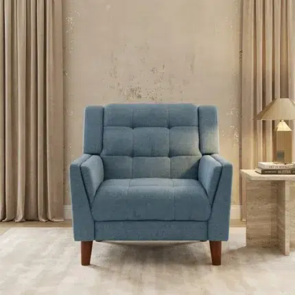 Modern custom living room accent chair in blue upholstery – comfortable arm chair with deep cushioned seat