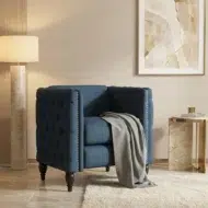 Blue upholstered 1 seater sofa chair – modern arm chair for living room, lounge and apartment interiors