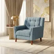 Modern accent chair for living room – blue fabric armchair with tufted backrest and wooden legs by Kustomdeco Uae