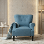 Mid-century living room accent chair – upholstered blue arm chair with flared arms and wooden legs