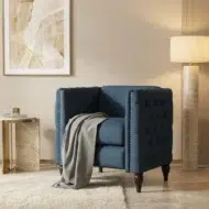 Luxury accent chair for living room – navy blue armchair with tufted sides, nailhead trim and wooden legs