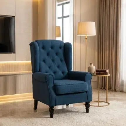 Blue fabric arm chair with high back for modern living room