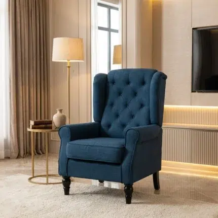 Modern blue accent chair with button tufted back for living room