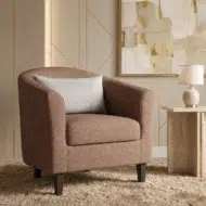 Modern brown arm chair with cushioned seat – upholstered 1 seater sofa style accent chair for living room furniture