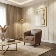 Contemporary accent chair for living room – comfortable brown armchair with soft upholstery and wooden legs