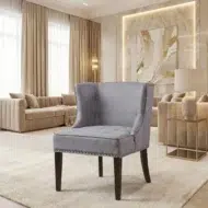 Elegant living room accent chair in grey fabric – upholstered arm chair with wooden legs, compact 1 seater sofa for modern home décor
