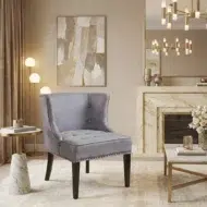 Luxury accent chair for living room – modern grey arm chair with tufted design, nailhead detailing and premium upholstery