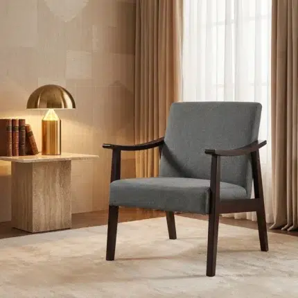 Grey fabric arm chair with wooden arms – modern 1 seater sofa style accent chair for living room furniture