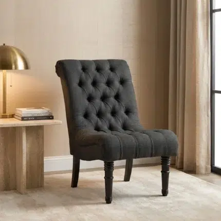 Minimalist custom grey arm chair – modern tufted accent chair for living room decor in Uae by Kustomdeco