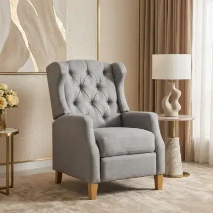 Luxury grey accent chair – high back tufted armchair with wooden legs for modern interiors in Ajman