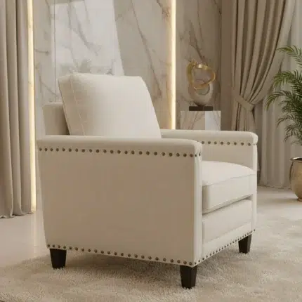 Classic ivory fabric arm chair with nailhead trim and wooden legs in ajman uae by kustomdeco