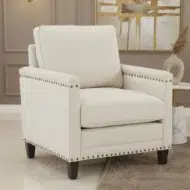 Ivory fabric arm chair with nailhead trim for living room seating in uae