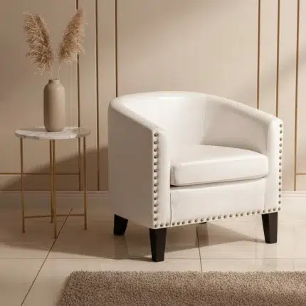 Modern white leather arm chair with nailhead trim for living room in dubai uae
