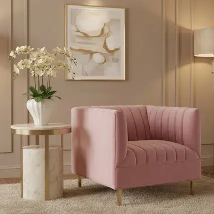 Modern pink arm chair with velvet upholstery and gold legs – luxury 1 seater sofa style accent chair for living room furniture