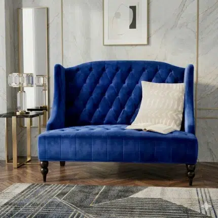 Royal blue velvet button tufted high back bench with wooden legs in a luxury modern living room UAE