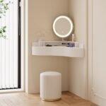 Wall-Mounted White Dressing Table with Storage & LED Mirror