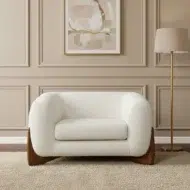 Modern living room accent chair with boucle sherpa upholstery – comfortable arm chair with wooden base design