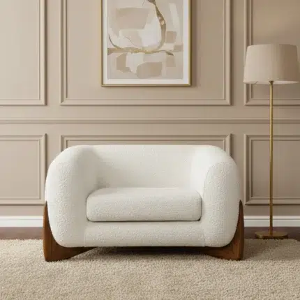 Modern living room accent chair with boucle sherpa upholstery – comfortable arm chair with wooden base design