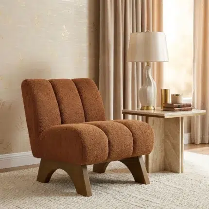 Brown boucle arm chair with sculptural design – modern 1 seater sofa style accent chair for living room furniture by Kustomdeco uae