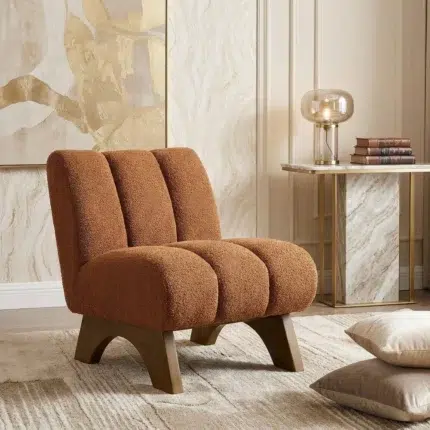 Luxury accent chair for living room – modern brown bouclé armchair with sculptural wooden base by Kustomdeco in Ajman