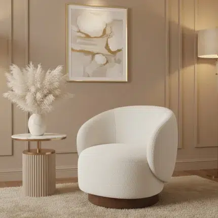 Elegant living room accent chair in off-white boucle fabric – modern arm chair with rounded barrel design